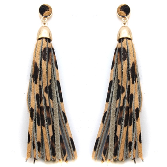 Clover stud tassel leopard earrings brown 4" - Picture 1 of 4